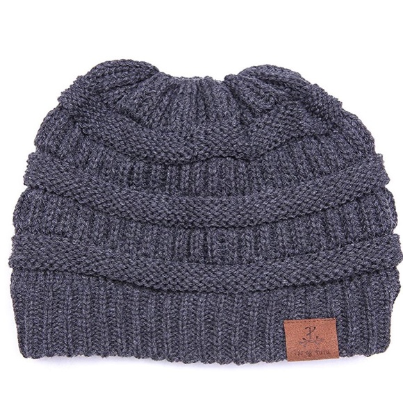 CHARCOAL GREY BUN BEANIE WINTER HAT WOMEN BOUTIQUE - Picture 2 of 3